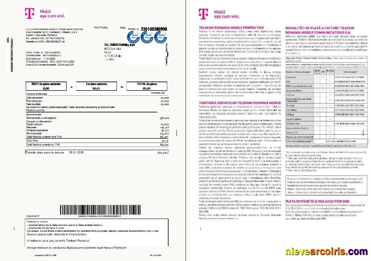 Romania T-Mobile utility bill, 4 pages, 1-2 pages